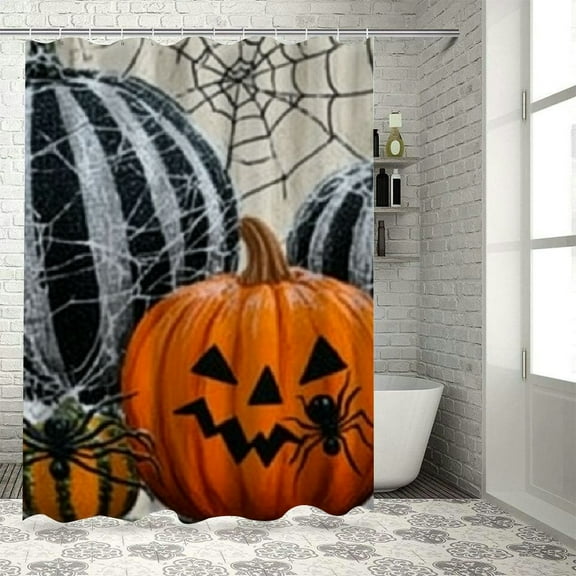 Patifu Pumpkins Spider Webs Spooky Bathroom Décor Set with Hooks, Graphic Print Polyester Stylish Shower Curtain for Bathroom Decoration, Halloween Bathroom Shower Curtain Set with Hooks 36"x72