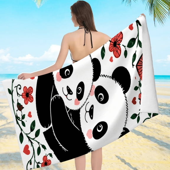 Patifu Quick Dry Microfiber Beach Towel Two Pandas Hugging With Heart Flowers Print Large Size 80*160cm