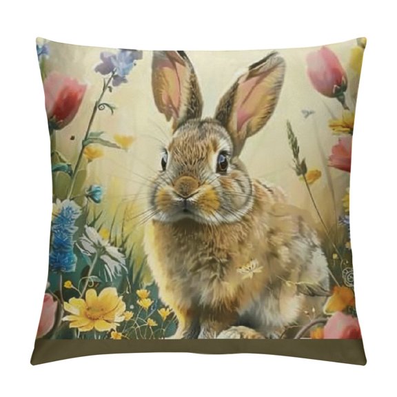 Patifu Rabbit Flowers Beatrix Potter Graphic Decorative Pillow Cover for Home Couch Living Room Bed Sofa, Short Plush Zipper Closure, 1PC 18x18in