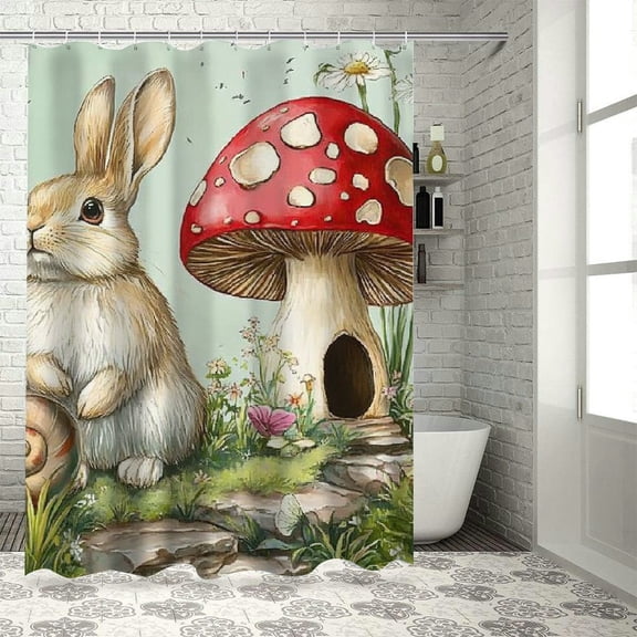 Patifu Rabbit Mushroom Snail Shower Curtain Set with Hooks, Premium 100% Polyester Fabric Bathroom Decoration 60"x72