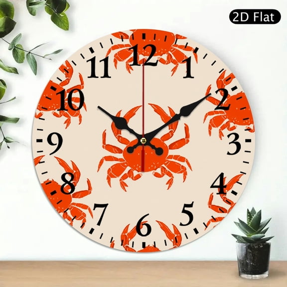 Patifu Red Crab Pattern Wall Clock Battery Operated Silent Sweep Movement 5mm Thick Wood 10x10in