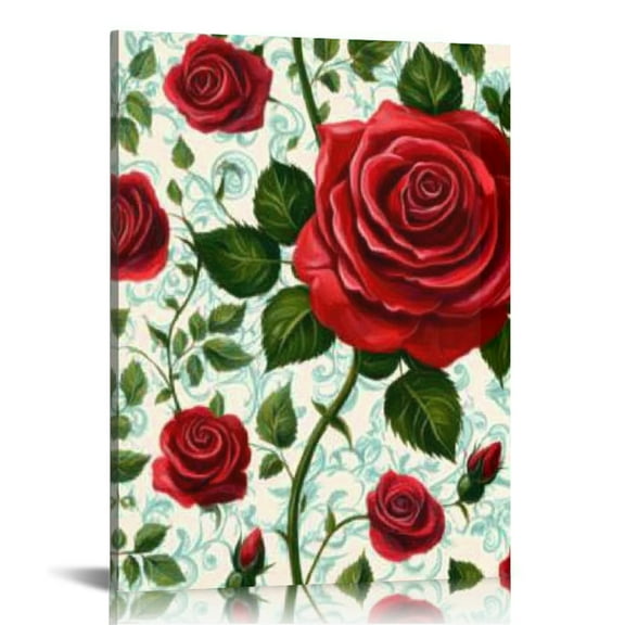 Patifu Red Rose Green Leaves Rococo Canvas Wall Art Living Room Bedroom Home Office Decor 12x16 in