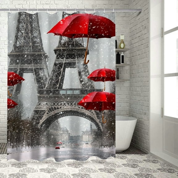 Patifu Red Umbrellas Eiffel Tower Snow Shower Curtain with Hooks 60"x72