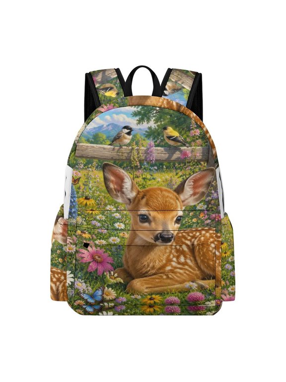 Resting Fawn In Wildflower Meadow Printed Oxford Backpack, Large Capacity Laptop Backpack, Water Resistant, Travel Daypack for College Work Commuting Adults,