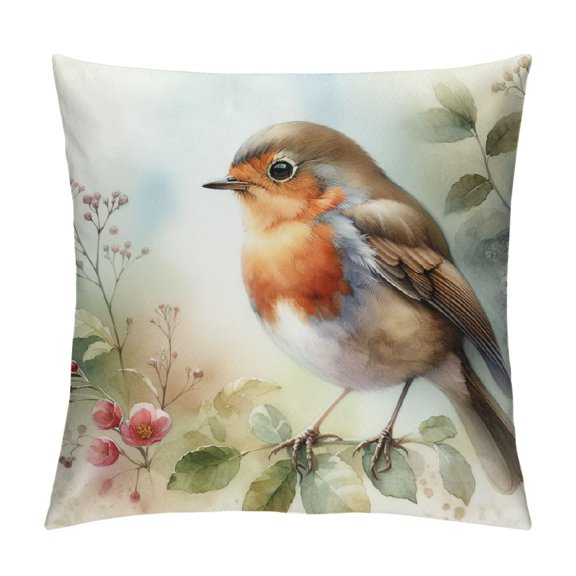 Patifu Robin Bird Flowers Graphic Decorative Cushion Throw Pillow Cover Short Plush Home Decor for Couch Living Room Sofa Bed - Home Furnishing 18x18in