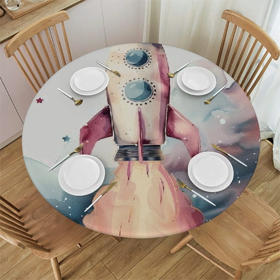 Patifu Rocket Ship Stars Space Round Tablecloth Stain-Resistant Washable Indoor Outdoor Restaurant Wedding Party Fitted Waterproof Home Decor 42"-46