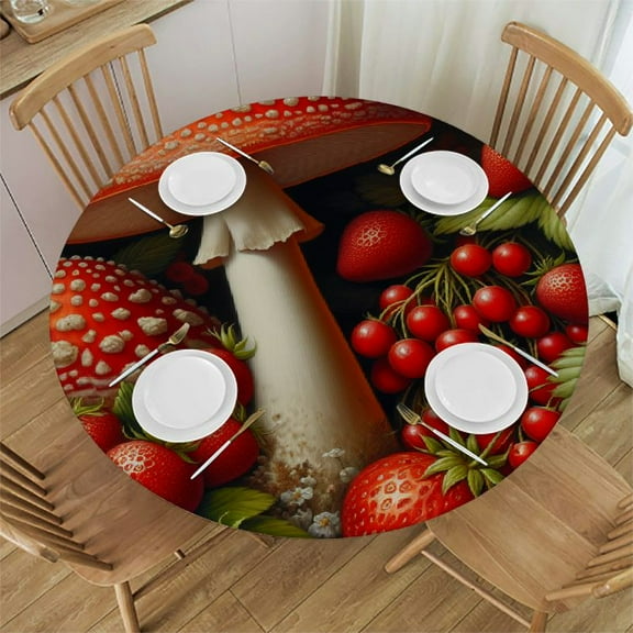 Patifu Round Table Cover with Strawberries, Mushrooms, Fairy Tales Theme, Stain Resistant and Washable, Perfect for Indoor and Outdoor Use, Kitchen, Dining, Wedding, Parties