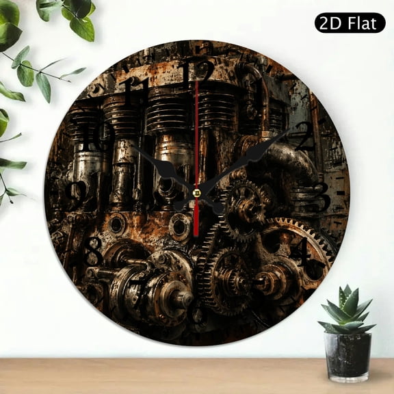 Patifu Round Wooden Wall Clock Rusty Engine Metal Gears Print Silent Sweep Movement 10x10in