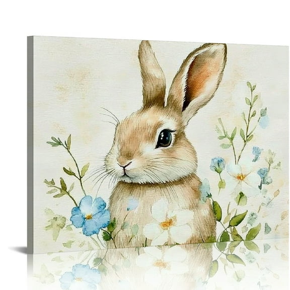 Patifu Rustic Easter Bunny Decor Cute Rabbit Canvas Wall Art Vintage Bunny Floral Print Pictures Painting Farmhouse Spring Artwork for Living Room Bedroom Kitchen Nursery Home Decorations 20x16in
