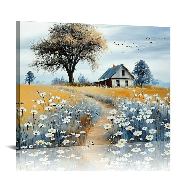 Patifu Rustic Farmhouse Canvas Wall Art Beautiful Field Painting Wildflower Barn Print Nature Scenery Picture French Countryside for Bathroom Bedroom Living Room Office Wall Decor  20x16in
