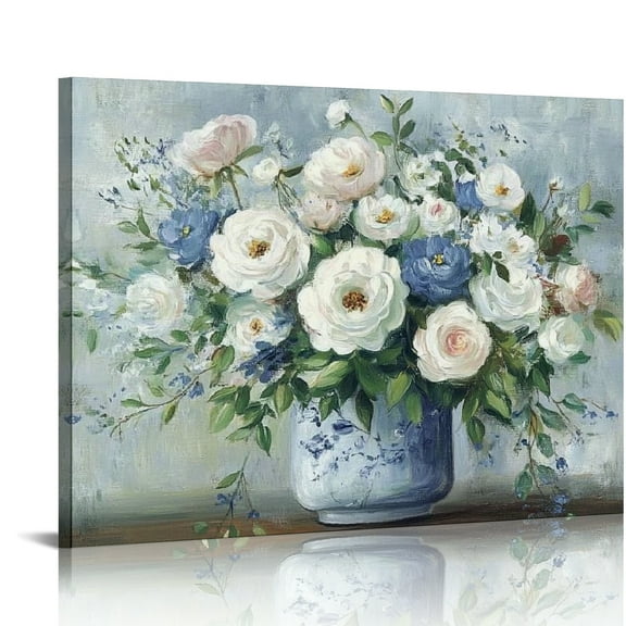 Patifu Rustic Flower Canvas Wall Art: Vintage White Rose Floral Painting Hand Painted Gold Foils Abstract Blossom in Vase Picture Botanical Bouquet Print Artwork for Office Bedroom Living Room