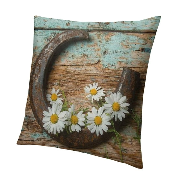 Patifu Rustic Pillow Cover  Teal Rustic Wooden Country Decorative Pillow Cover Western Horseshoe Daisy Cushion Cover Home Decor Pillowcase 12x12in