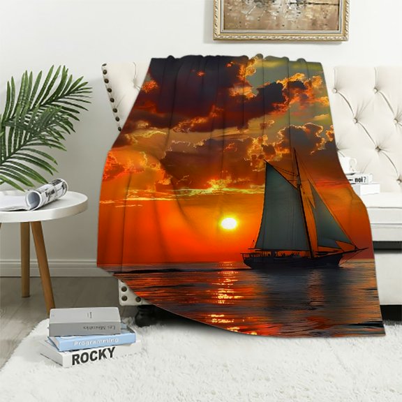 Patifu Sailing Ocean Sunset Flannel Blanket Soft Wool Blanket Four Seasons Living Room Sofa Decor Excellent Feel of the Cow A gift for the cow, a light and warm blanket