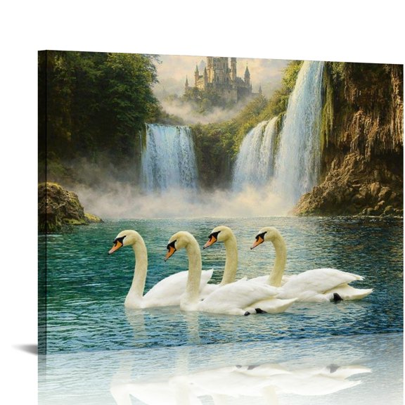 Patifu Secret Realm of the Swans & Castle HD Print Framed Canvas Wall Art, Ready An Excellent Gift Choice, Wall Art Suitable For Living Room Bedroom Kitchen Classroom Studio Family