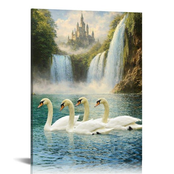 Patifu Secret Realm of the Swans & Castle Vertical HD Print Framed Canvas Wall Art, Wall Art, Vertical HD Print Framed Canvas Wall Art Ready Hang Bedroom Dorm Living Room