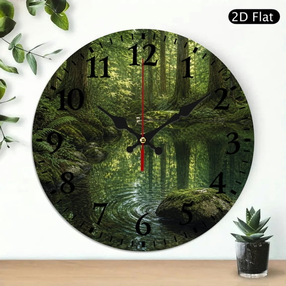Patifu Serene Forest Pool Mossy Rocks Wooden Wall Clock 10 Inch Silent Sweep Movement 10x10in