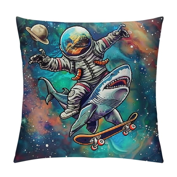 Patifu Shark Space Suit Skateboard Graphic Decorative Cushion Cover for Home Couch Living Room Bed Sofa, 1PC Throw Pillow Case Home Furnishing Short Plush 18x18in