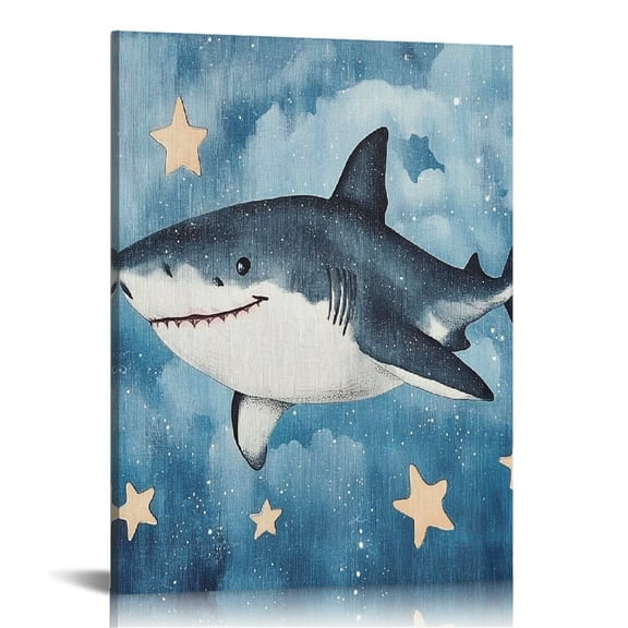 Patifu Shark Stars Ocean Canvas Print for Living Room Bedroom Home Office Wall Decor 12x16 in