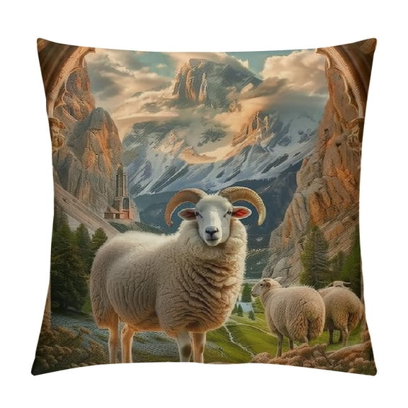 Patifu Sheep Mountain Cave Graphic Decorative Throw Pillow Cover for Home Couch Living Room Bed Sofa - Short Plush Material - Printed on Both Sides - Home Furnishing Theme 12x12in