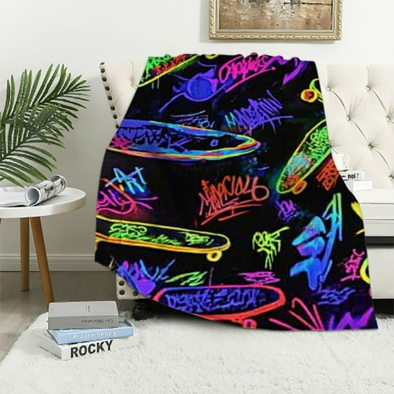 Patifu Skateboard Neon Lights Graffiti Art Flannel Blanket Soft Fleece Blankets All Seasons Sofa Decor Cow Gifts 60x80in