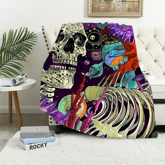 Patifu Skeleton Fish Psychedelic Art Warm Lightweight Blanket Soft Flannel Blankets Throw Blanket for All Seasons 40x50in