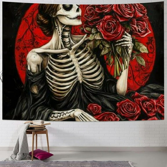 Patifu Skeleton Lovers Tapestry Red Rose Tapestries for Room Skull Gothic Wall Hangings Art Valentine's Day Home Decoration Gift Bedroom Decor Living Room Divider Door 40x30inch