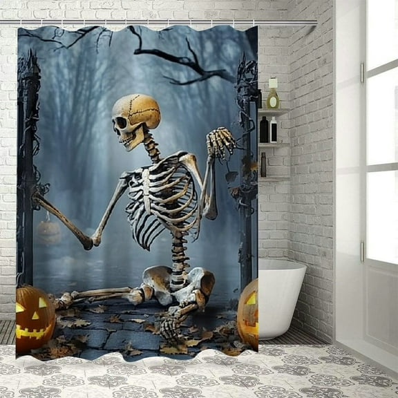 Patifu Skeleton Pumpkin Halloween Bathroom Décor Set with Hooks, Polyester Fabric Shower Curtain, Waterproof Bathroom Curtain Decoration, Home Bathtubs Shower Curtain Set 36"x72