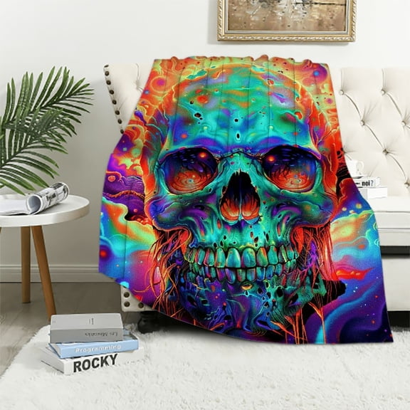 Patifu Skull Psychedelic Digital Art Warm Lightweight Blanket Soft Fleece Blankets Throw Blanket for Living Rooms Sofa Decor All Seasons Flannel Material Blanket 60x80in