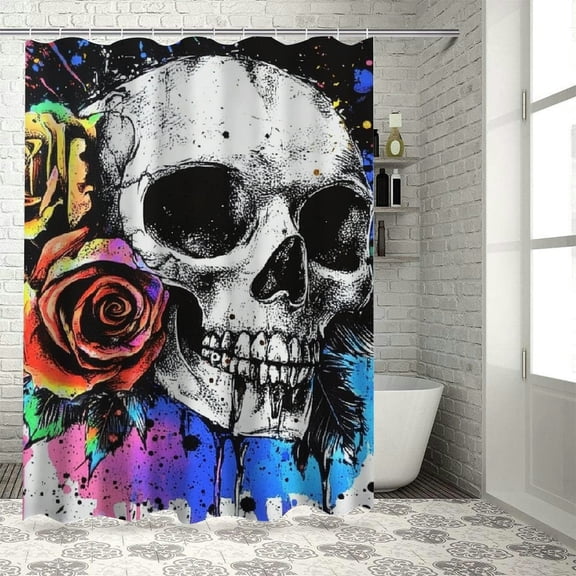 Patifu Skull Rose Paint Splatters Polyester Fabric Shower Curtain Set with Hooks, Vibrant HD Print, Waterproof, Easy to Install and Maintain 36"x72