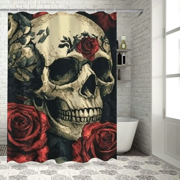 Patifu Skulls Roses Gothic Bathroom Décor Set, Graphic Print Polyester Stylish Shower Curtain with Hooks, Home Bathroom Decoration Kit 60"x72