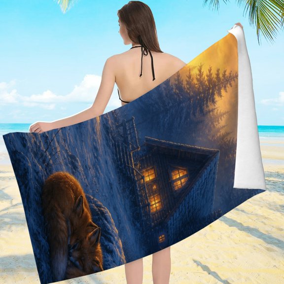 Patifu Sleeping Fox By Snowy Cabin Ultra-Soft Microfiber Beach Towel Highly Absorbent Quick Dry Large Size 80*160cm