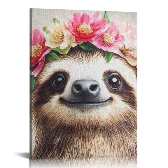 Patifu Sloth Flower Crown Wall Art Canvas for Living Room Bedroom Home Office Decor 16x20 in