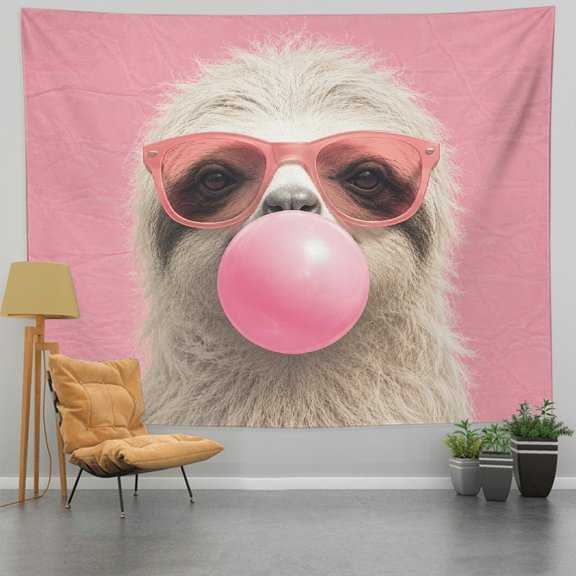 Patifu Sloth With Sunglasses And Bubble Gum Polyester Tapestry Wall Hanging For Bedroom Living Room Dorm 60*50in