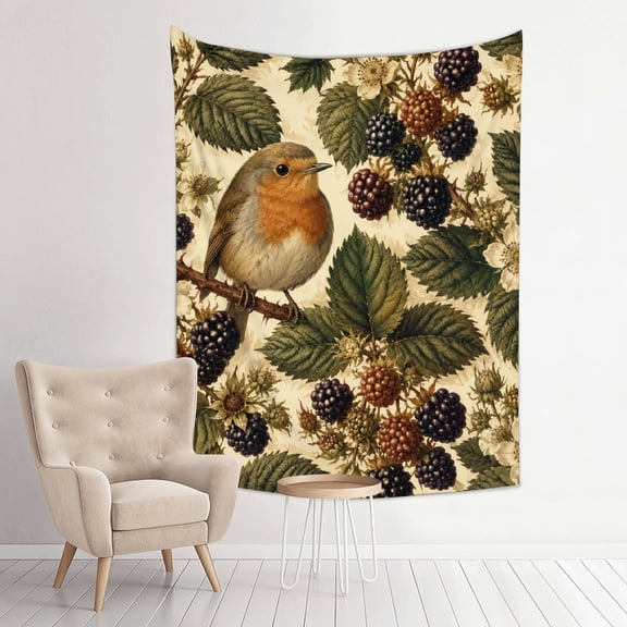 Patifu Small Bird On Blackberry Branch Vertical Wall Hanging Tapestry for Bedroom Living Room Dorm 30*40in