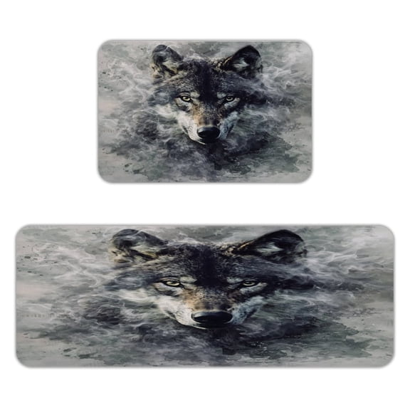 Patifu Smoke Wolf Kitchen Mats for Floor, Sets of 2, Soft Washable, Clear Print, Non Skid Waterproof Kitchen Rug for Sink Floor Sink Laundry Bar Office Room Home Cooks