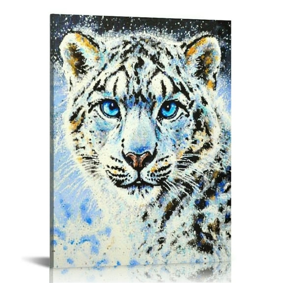 Patifu Snow Leopard Blue Eyes Pointillism Canvas Print for Living Room, Bedroom, and Home Office Wall Decor 12x16 in
