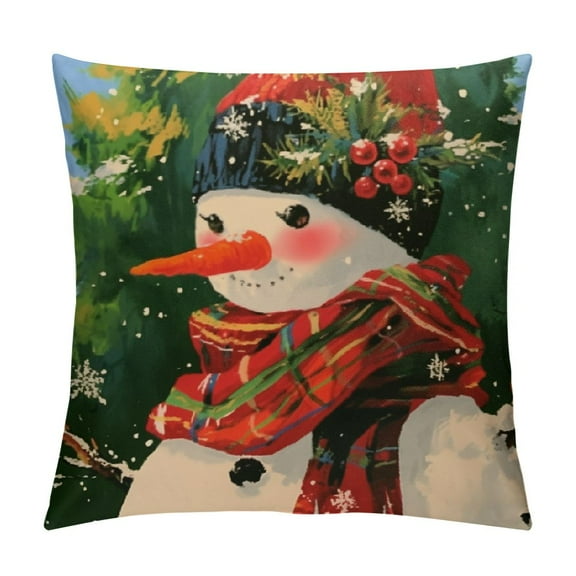 Patifu Snowman Christmas Red Throw Pillow Covers  Winter Snow Snowman Pine Tree Bird Print Decorative Outdoor Pillow Cases Xmas Farmhouse Pillowcase Winter Holiday Decor for Home Couch 12x12in