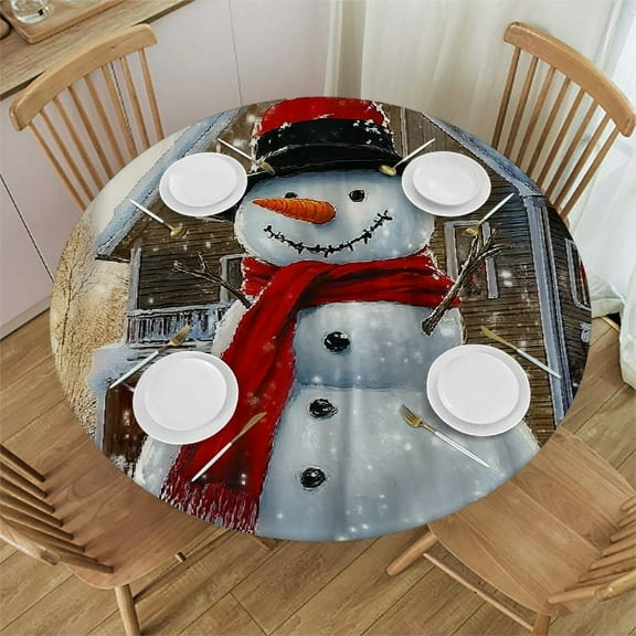 Patifu Snowman Round Tablecloth 100% Polyester Waterproof Stain-Resistant Fabric for Indoor Outdoor Restaurants, Weddings, Parties - Festive Home Decoration 31"-35