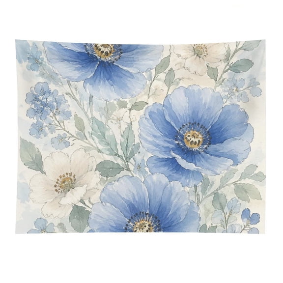 Patifu Soft Watercolor Blue Poppy White Floral Bouquet Light Green Leaves Vintage Cream Background Illustration Tapestry, Polyester Print Wall Hanging Tapesties for Bedroom Dorm Living Room, Aesthet