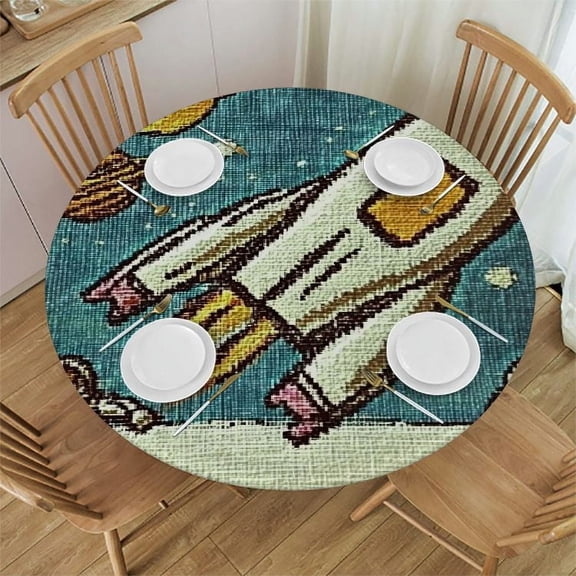 Patifu Space Shuttle Man Robot Round Tablecloth 100% Polyester Stain-Resistant Washable Indoor Outdoor Restaurant Wedding Party 42"-46