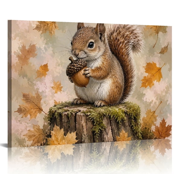Patifu Squirrel Holding Acorn On Stump Canvas Wall Art Print for Living Room Bedroom Kitchen Decor 24x16in