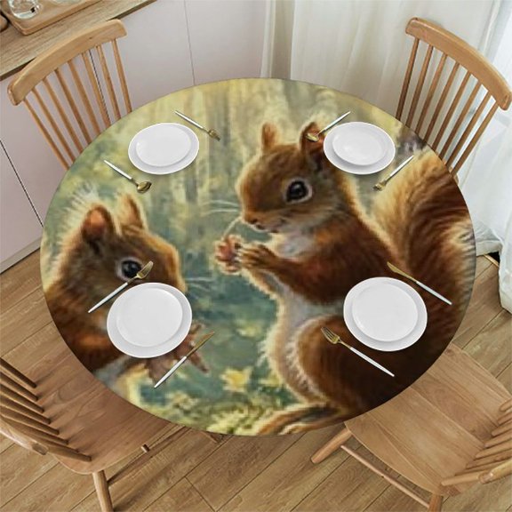 Patifu Squirrels Sunlight Forest Round Tablecloth Stain-Resistant Washable 100% Polyester for Picnic Dining Kitchen Farmhouse with Elastic Edge 38"-42