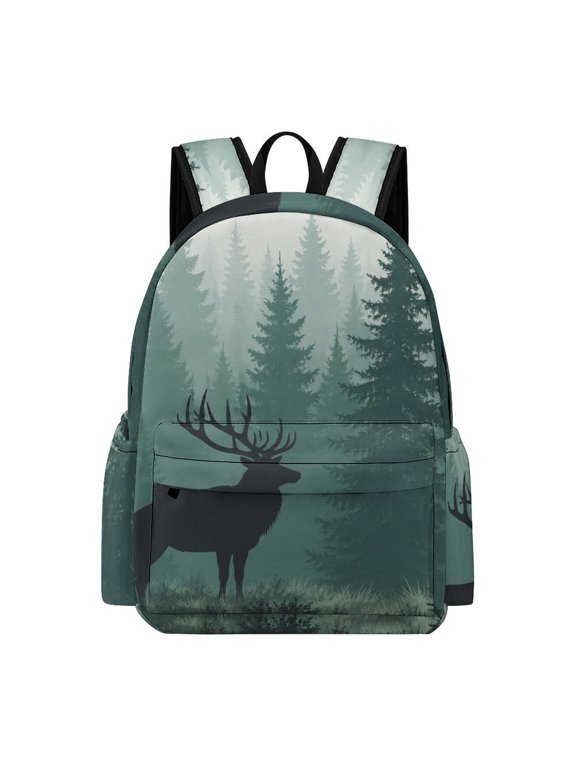 Stag Silhouette In Misty Pine Forest Printed Oxford Backpack, Large Capacity Laptop Backpack, Water Resistant, Travel Daypack for College Work Commuting Adults, 42x30x15cm