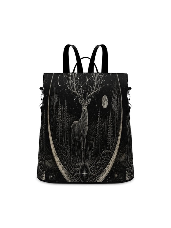 Stag With Star Antlers Forest Moon Starry Circle Engraving Art Anti Theft Backpack, Purse for Women, Secure Back Zipper, Multi-Purpose Rucksack Backpack With Adjustable Strap, Womens Travel Ba