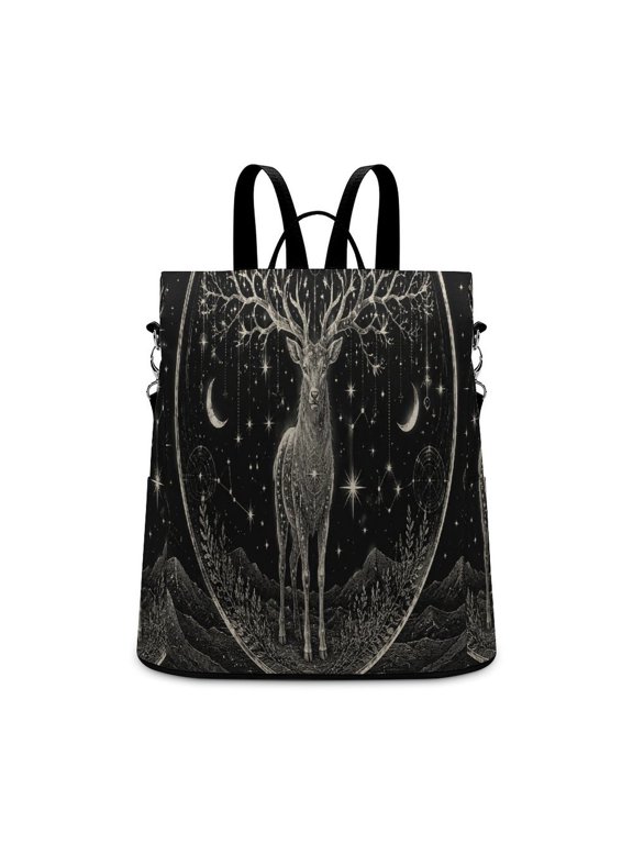 Stag With Tree Antlers Mountain Moon Star Circle Engraving Art Anti Theft Backpack, Purse for Women, Secure Back Zipper, Multi-Purpose Rucksack Backpack With Adjustable Strap, Womens Travel Ba