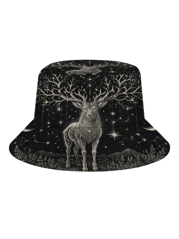 Stag With Tree Antlers Mountain Moon Star Circle Engraving Art Bucket Hat, Soft, Printed, Packable Fisherman Sun Hat for Beach Travel Hiking Vacation, Sun Hat for Women Men, One Size