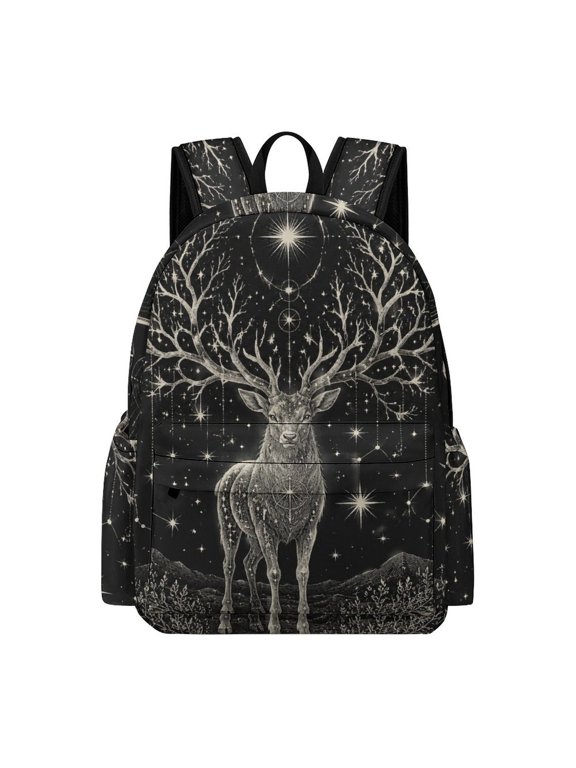 Stag With Tree Antlers Mountain Moon Star Circle Engraving Art Printed Oxford Backpack, Large Capacity Laptop Backpack, Water Resistant, Travel Daypack for College Work Commuting Adults, 42x