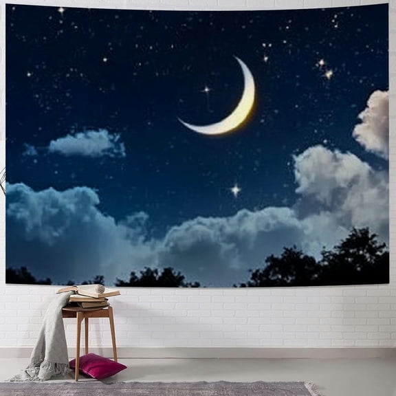 Patifu Star Tapestry, Crescent Moon on a Cloudy Starry Night Sky Moonlight View Astronomy Theme Romantic Scenery Picture Print, Wide Wall Hanging for Bedroom Living Room Dorm 40x30inch