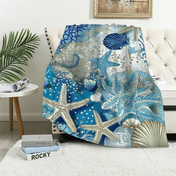 Patifu Starfish Shells Blue Color Warm Lightweight Fleece Blanket Soft Throw Blanket for Living Rooms Sofa Decor - All Seasons Blanket 40x50in
