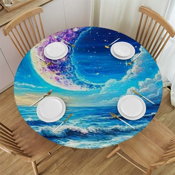 Patifu Stars Beach Moon Round Tablecloth Stain-Resistant Washable Elastic Edge Table Cover Home Decor for Indoor Outdoor Restaurants Weddings Parties 42"-46